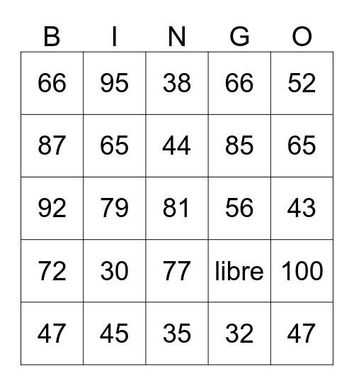numeros 31-100 Bingo Card