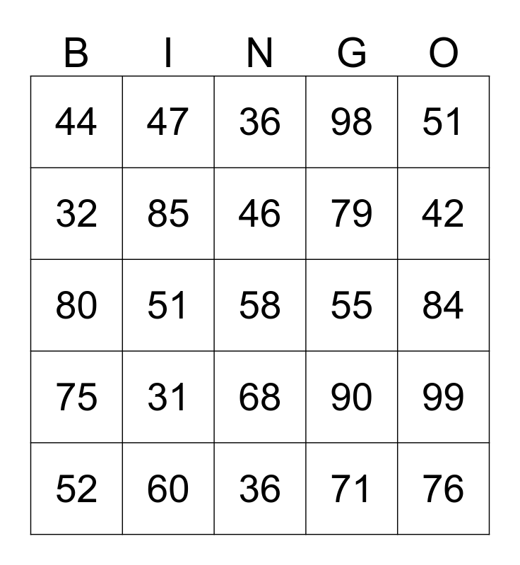 numeros 31-100 Bingo Card