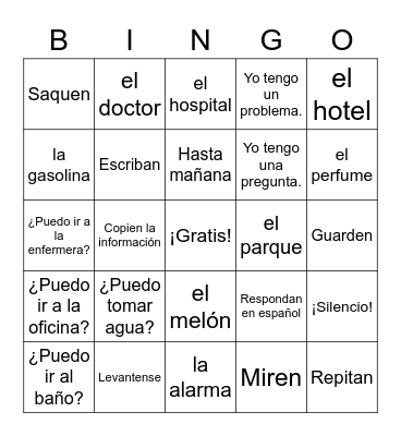 La clase de español Bingo Card