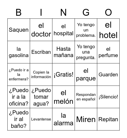 La clase de español Bingo Card