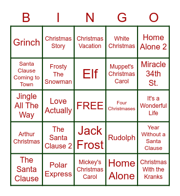 CHRISTMAS MOVIE BINGO Card