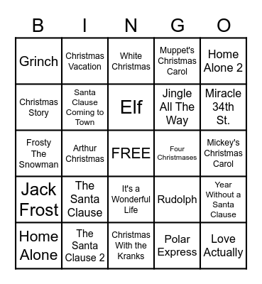 CHRISTMAS MOVIE BINGO Card