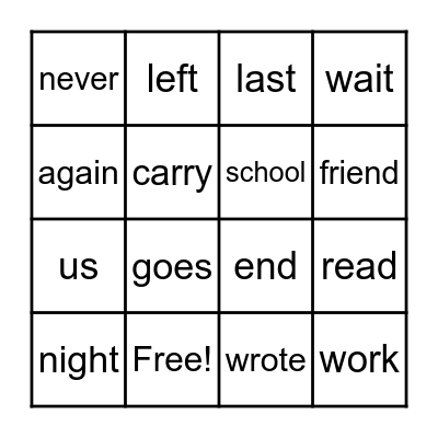 Challenge Snap Words Bingo Card