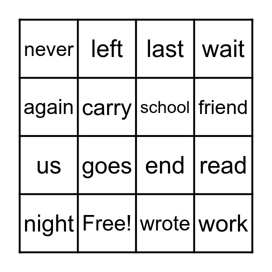 Challenge Snap Words Bingo Card