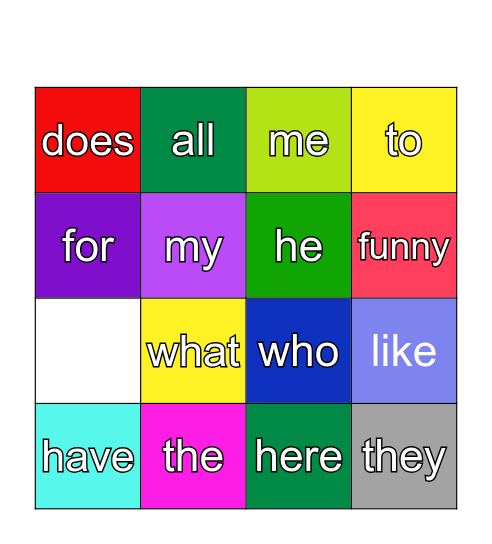 Sight Word Bingo Card