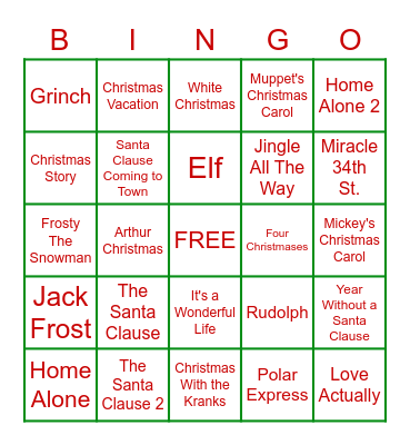 CHRISTMAS MOVIE BINGO Card