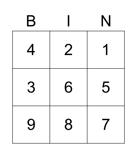 Numbers 1-9 Bingo Card