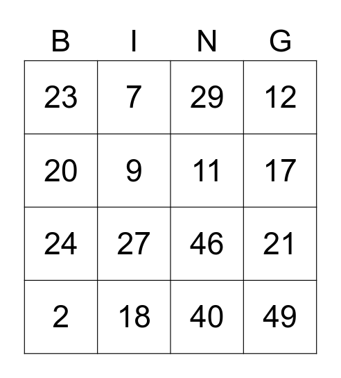 Numbers 1-50 Bingo Card