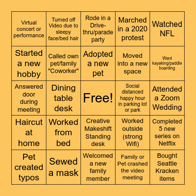 Covid/WFH Summer/Fall Bingo Card