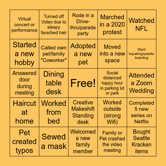 Covid/WFH Summer/Fall Bingo Card