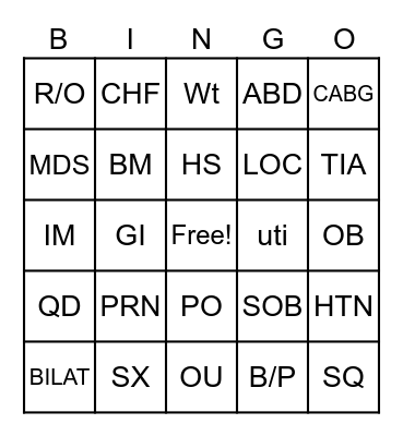 Medical Terminology Bingo Card