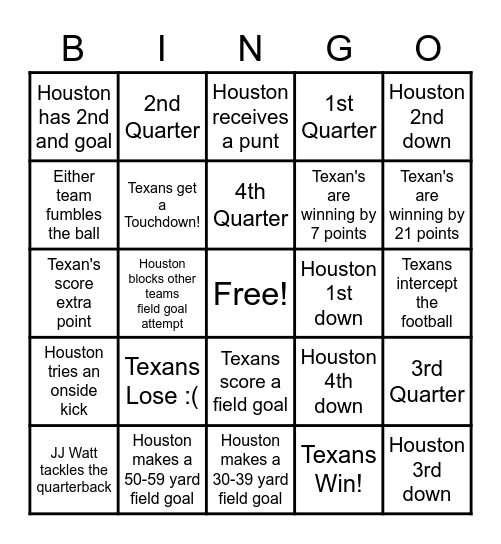 Texans Games Bingo Card