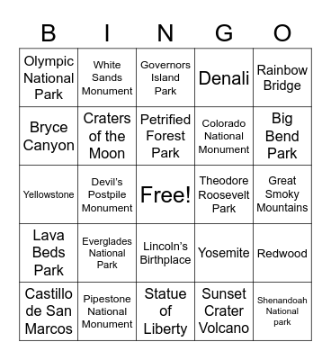 National Parks & Monuments Bingo Card