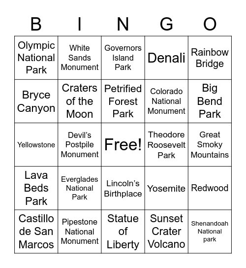 National Parks & Monuments Bingo Card