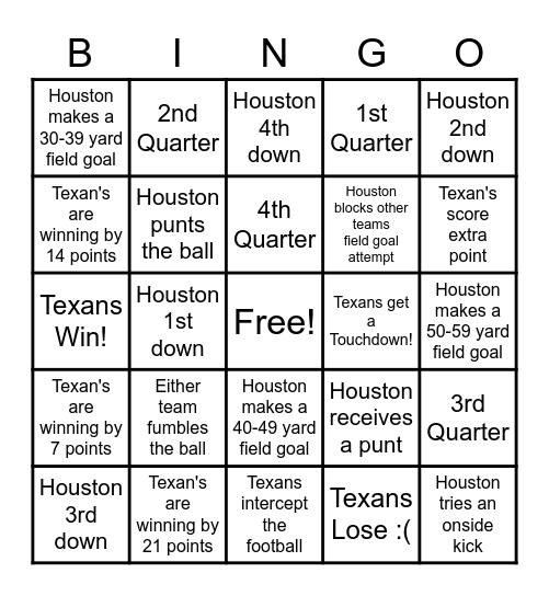 Texans Games Bingo Card