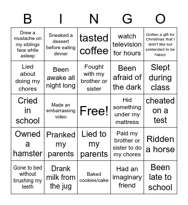 Never Have I Ever Bingo Card