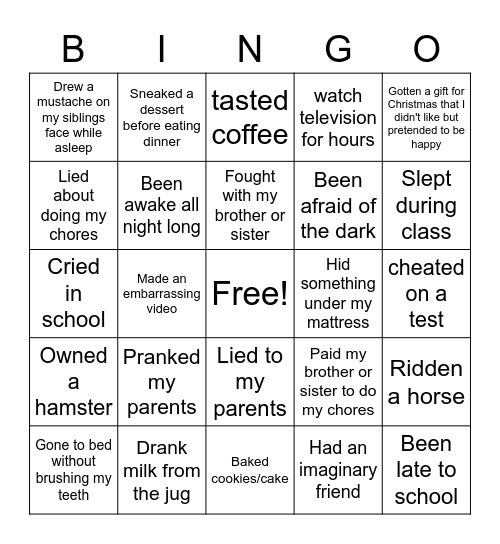 Never Have I Ever Bingo Card