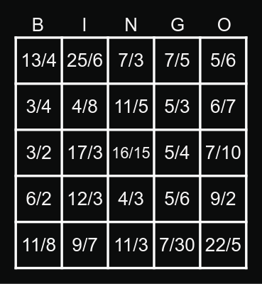 Improper fractions Bingo Card
