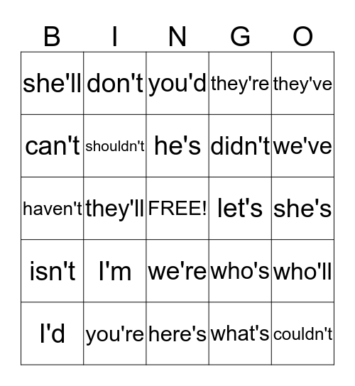 Contraction BINGO Card