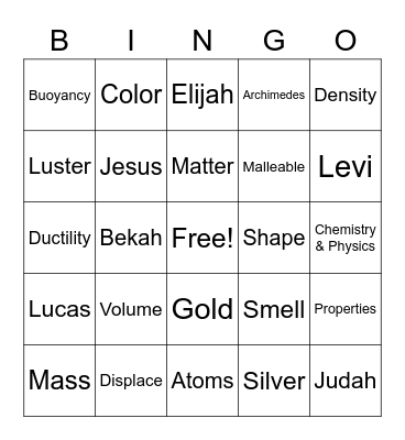 Ch. 1 - Chem/Phys Matter Bingo Card