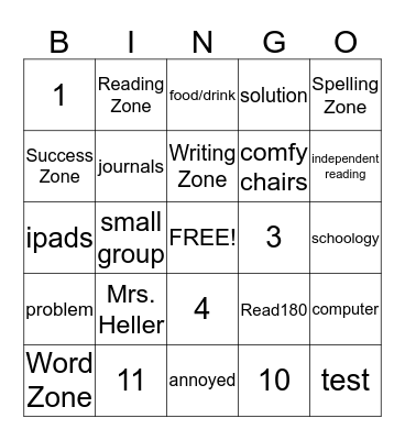 Reading Class Bingo Card