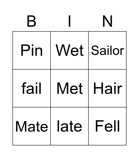 Sounds /I/ /ei/ and /ε/ BINGO Card