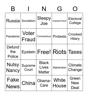 2020 Presidential Debate Bingo Card