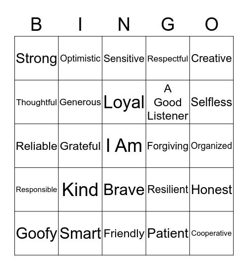 Positive Traits Bingo Card