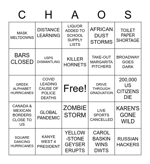 2020 BINGO CARD Bingo Card