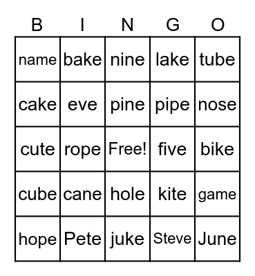 Magic 'E' Bingo Card