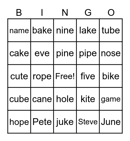 Magic 'E' Bingo Card