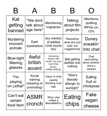 BINGO BAB GIRL Bingo Card