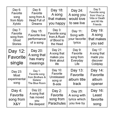 30 Day Song Challenge Bingo Card