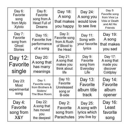 30 Day Song Challenge Bingo Card