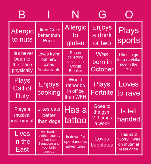 Get To Know You Bingo Card