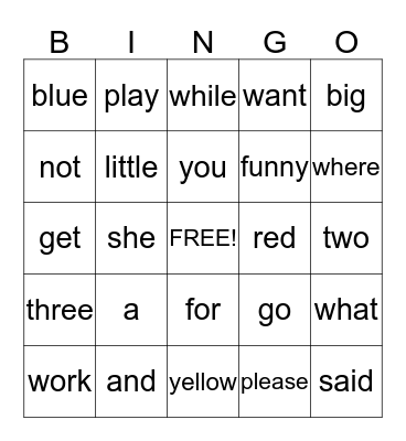 PRE-K Sight Word Bingo Card
