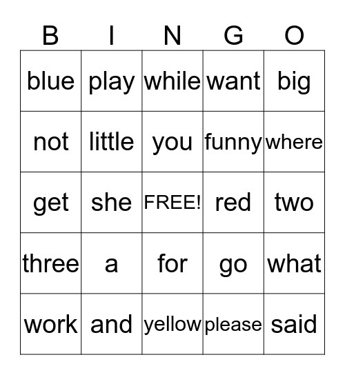 PRE-K Sight Word Bingo Card