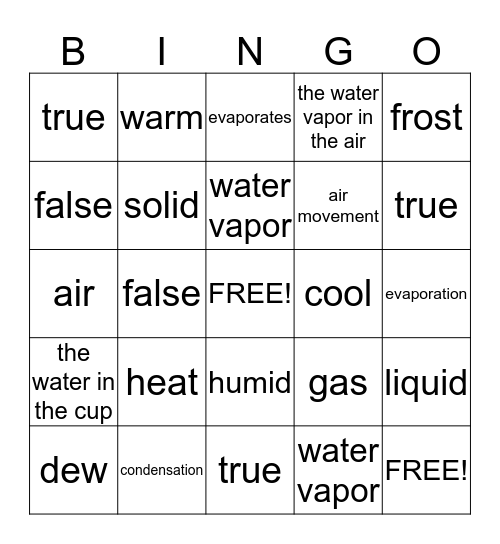 Water Vapor Bingo Card