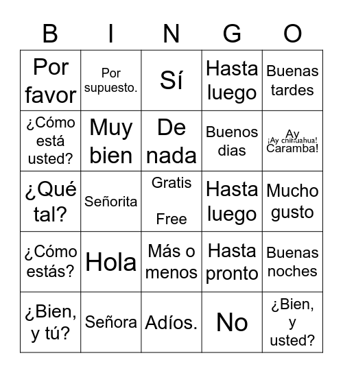Spanish Greetings and Goodbyes Bingo Card