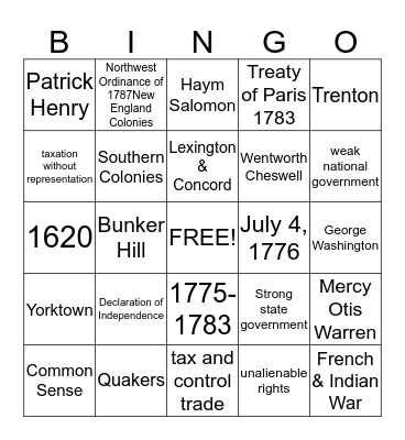 Colonies, Revolution & Articles of Confedertion Bingo Card