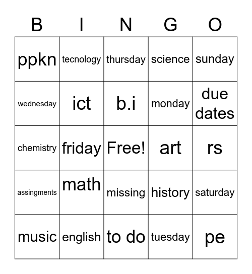 school 🤢 Bingo Card