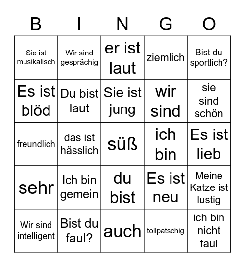 German adjectives Bingo Card