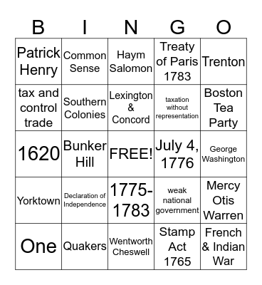 Colonies, Revolution & Articles of Confedertion Bingo Card