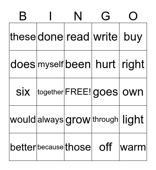 second grade sight word Bingo Card