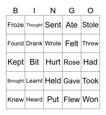 Irregular Verbs Bingo Card