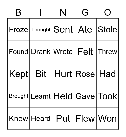 Irregular Verbs Bingo Card