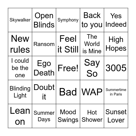 Modern Hits Bingo Card