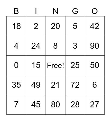 MATH FACTS BINGO Card