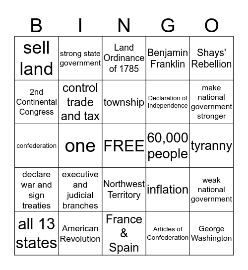 Articles of Confederation Bingo Card