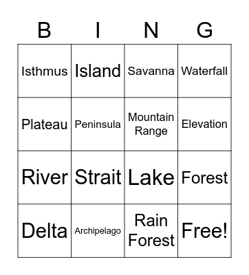 Landform Bingo Card